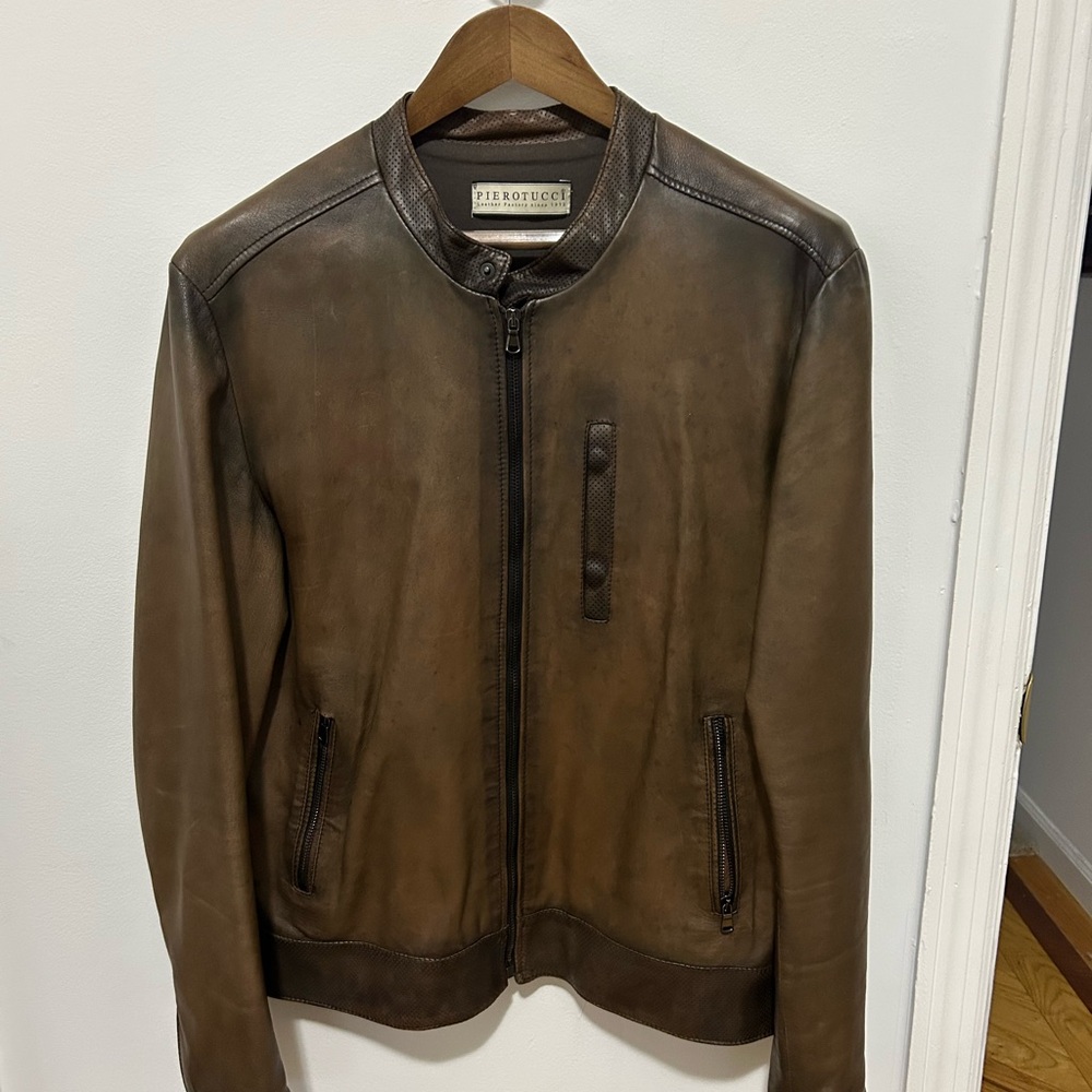 Pierotucci Firenze Brown Nappa Lambskin Leather Biker Jacket Modern Fit